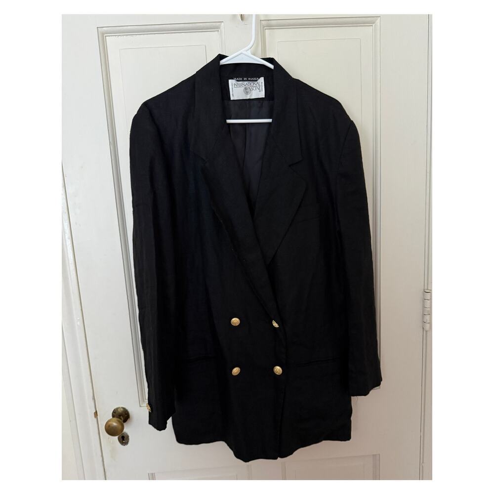 Vintage Oversized International Scene Black Linen Blazer - Size 12